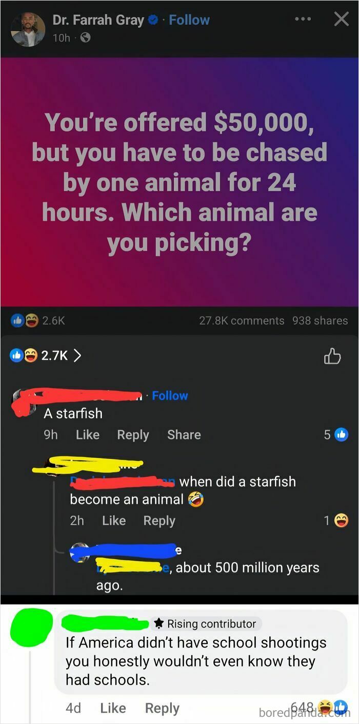 A verbal knockout exchange about being chased by an animal for $50,000, with a funny starfish debate.