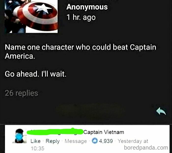 A verbal knockout featuring a reply naming Captain Vietnam as a character who could beat Captain America.