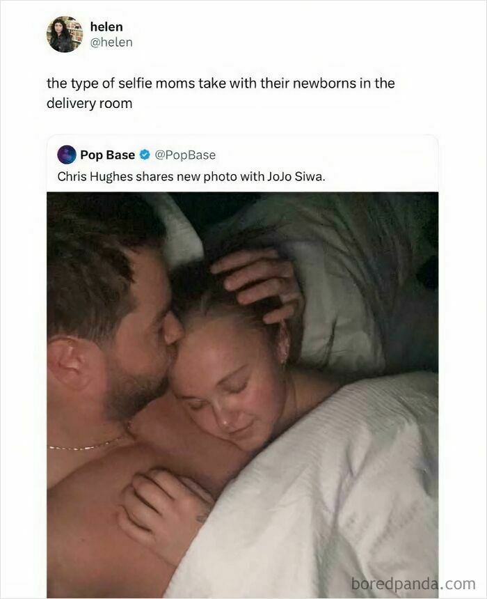 A couple in bed, mistaken for new parents, with a tweet about Chris Hughes and JoJo Siwa, a verbal knockout.