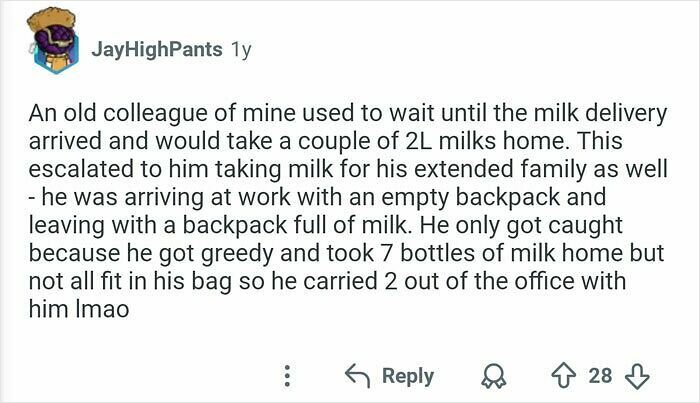 A Reddit story about an old colleague, an office food thief, who stole multiple bottles of milk deliveries.