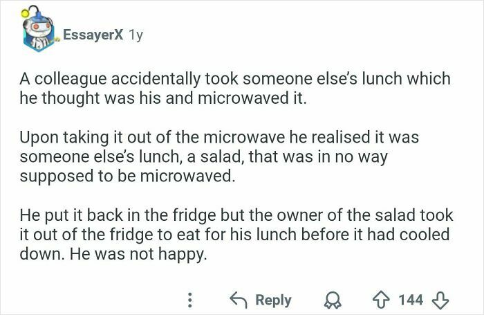 A Reddit post about an office food thief story where a colleague accidentally microwaved someone's salad.