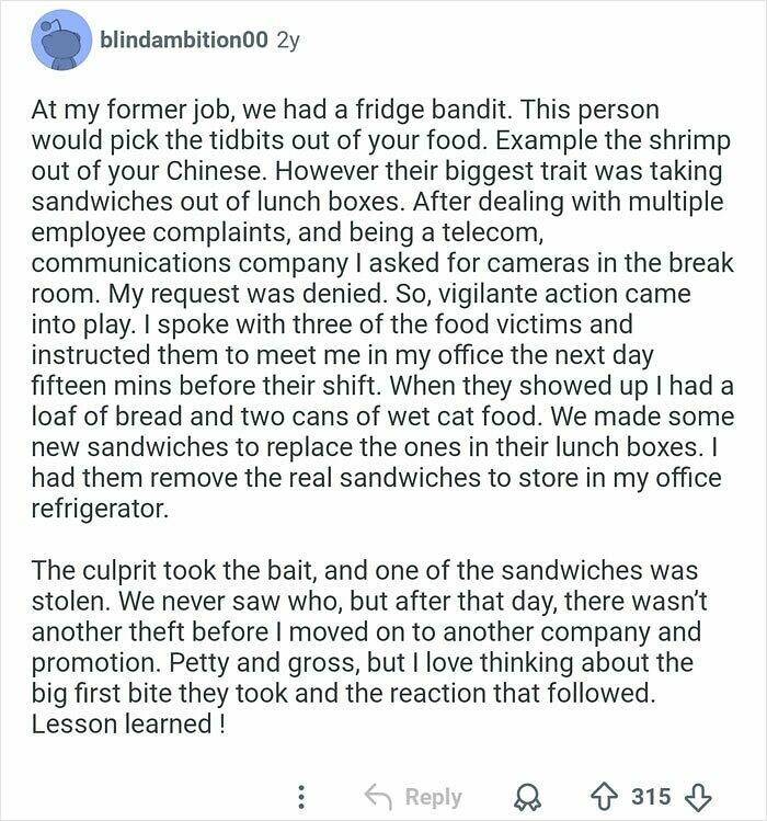 A Reddit story describing an office food thief who picked tidbits from food and stole sandwiches.