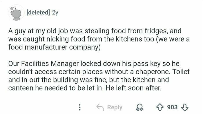 A Reddit post about an office food thief caught stealing from the fridge and kitchens.