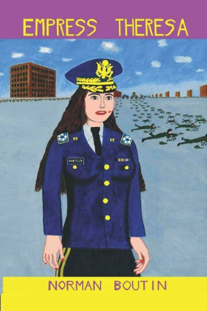 A hilariously unhinged book cover of Empress Theresa showing a crude drawing of a military woman