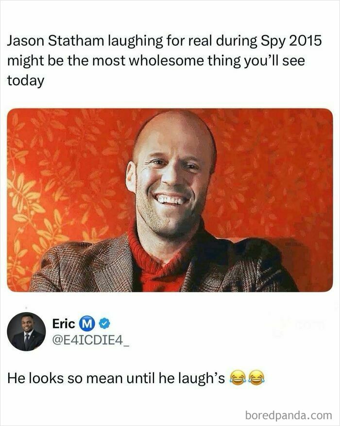 A candid shot of actor Jason Statham laughing wholeheartedly, a wholesome moment from the movie Spy 2015. This is a cool post about TV, movies, and media.