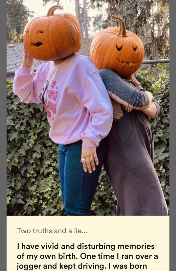 A wild screenshot from online dating showing two people with pumpkins on their heads and a disturbing bio.