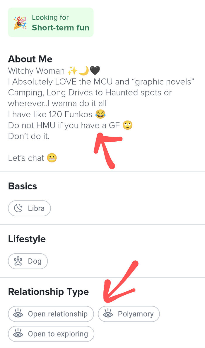 A wild and cringey online dating screenshot of a profile seeking short-term fun and indicating an open relationship or polyamory.