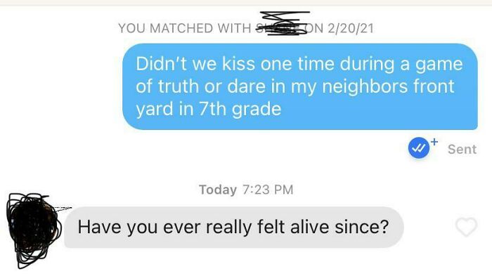 A cringey screenshot from an online dating conversation about a kiss in 7th grade, highlighting wild online dating.