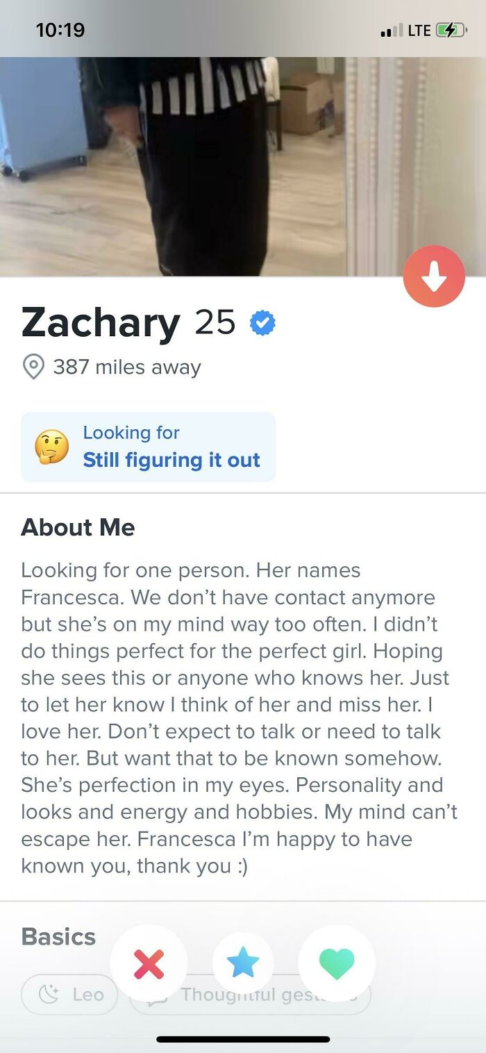 A wild and cringey online dating profile screenshot of Zachary, 25, with a very detailed and dramatic 'About Me' section.