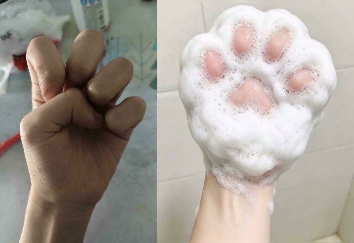 A human hand with fingers bent, beside a hand covered in soap suds shaped like a cat's paw, creating a perplexing pic.