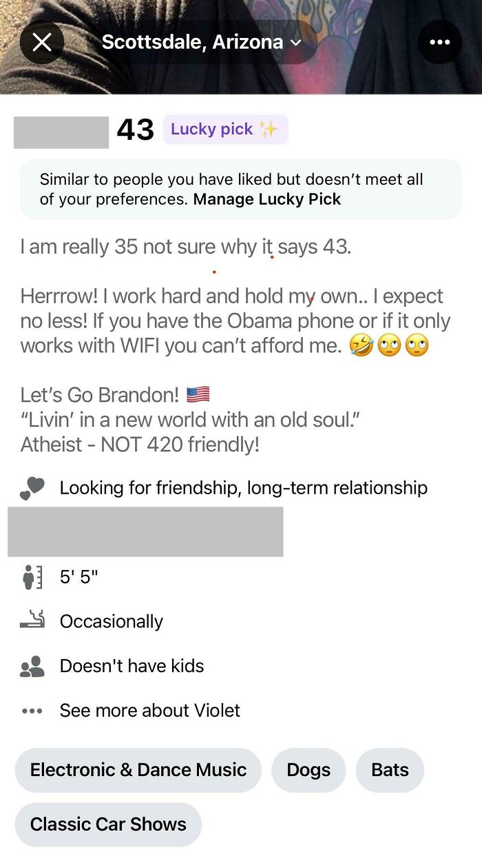 A wild and cringey online dating profile screenshot featuring an unusual age and demands about phone types.