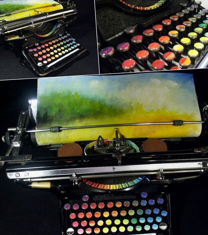 A vintage typewriter with rainbow colored keys and a landscape painting instead of paper, one of many pics people cannot explain or forget.