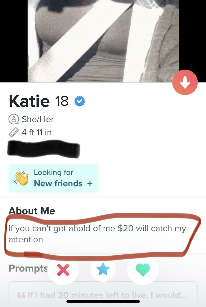 A screenshot from online dating app Tinder showing a profile for Katie, 18, with the bio If you can't get ahold of me $20 will catch my attention.