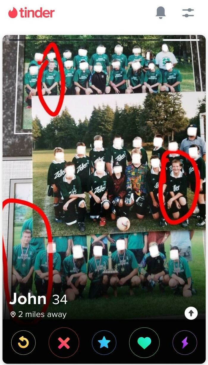 A wild and cringey online dating screenshot of a Tinder profile with multiple group photos and circles highlighting the same person, John 34.