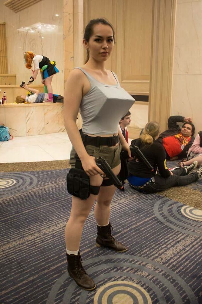 A woman in a pixelated Lara Croft cosplay costume, one of the pics people cannot explain.