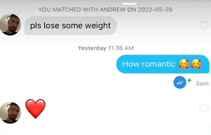 A wild and cringey online dating screenshot of a message asking someone to lose weight.