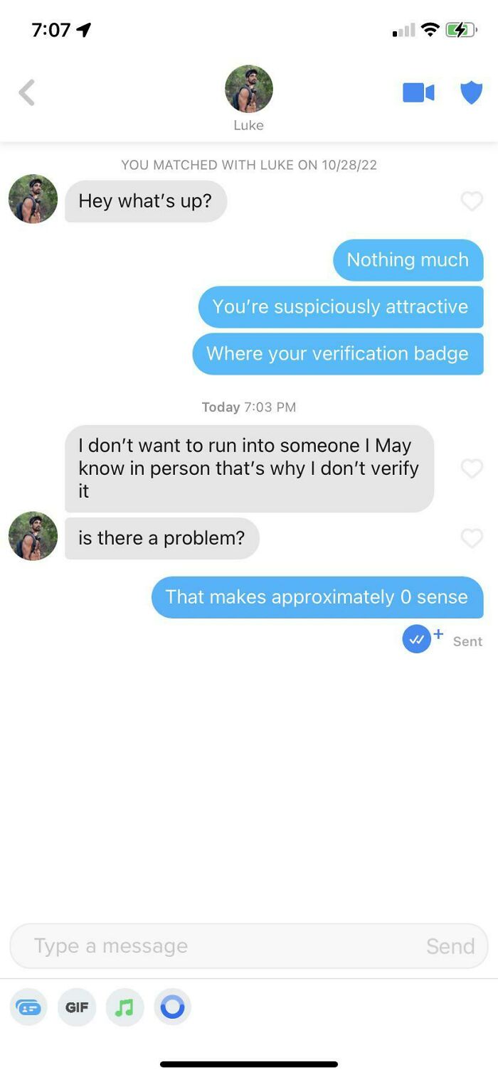 A wild and cringey online dating screenshot of a conversation about not verifying an attractive profile.