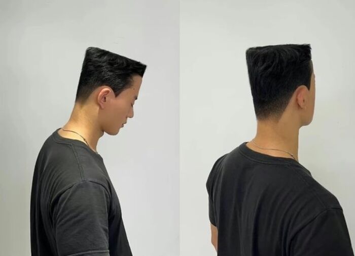 A man with an unusually tall, perfectly flat-top haircut, a pic that people cannot explain or forget.