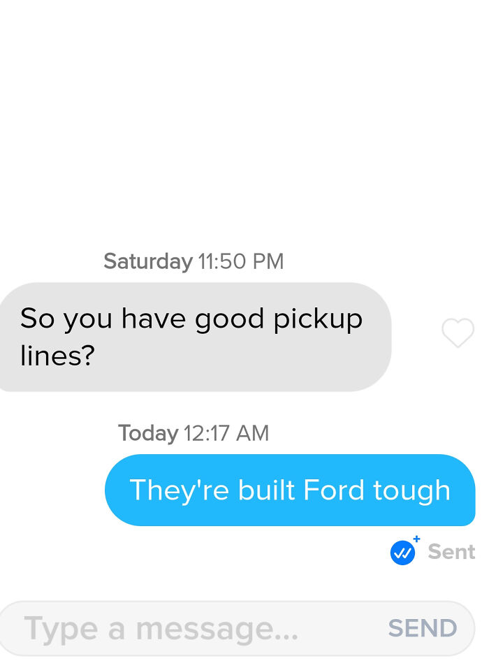Screenshot of a cringey online dating conversation about pickup lines, using a Ford tough joke.