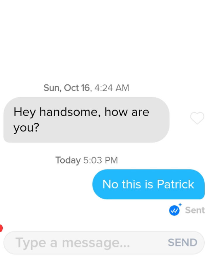 Screenshot of a wild online dating conversation with a SpongeBob reference: No this is Patrick.