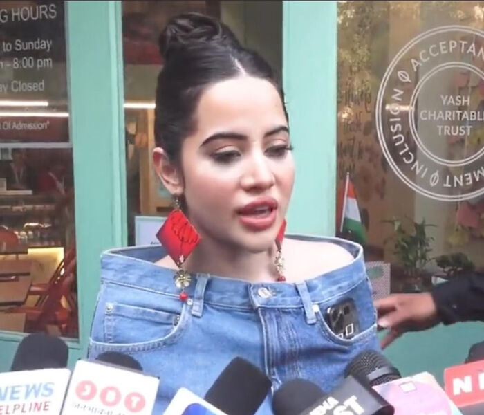 A woman wearing a unique top made from denim jeans, speaking to reporters, among the pics people cannot explain.