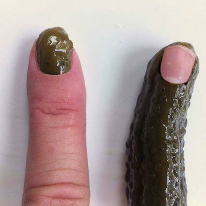 A finger with a pickle slice as a nail and a full pickle with a human fingernail on top, showcasing pics people cannot explain.