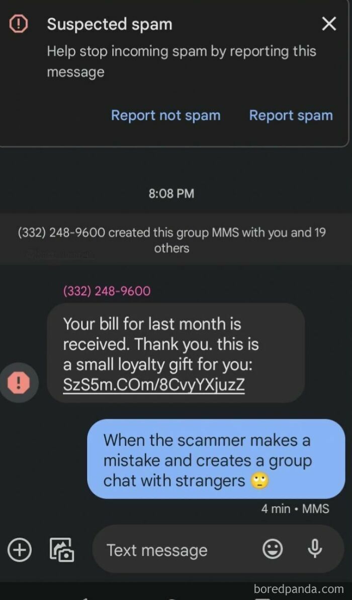A screenshot shows a suspected spam message that scammers made into a group chat, leading to hilarity.