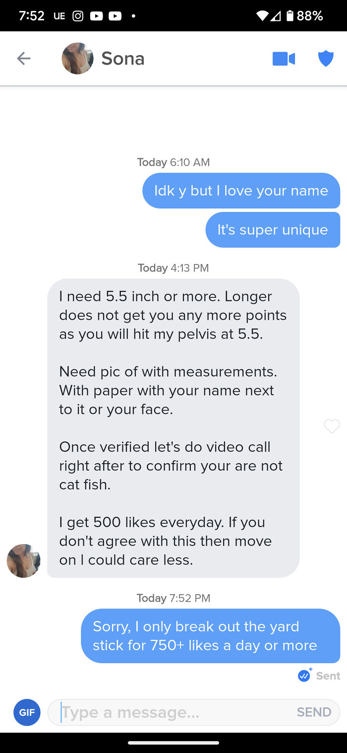 A wild online dating screenshot with bizarre demands about physical attributes and measurements.