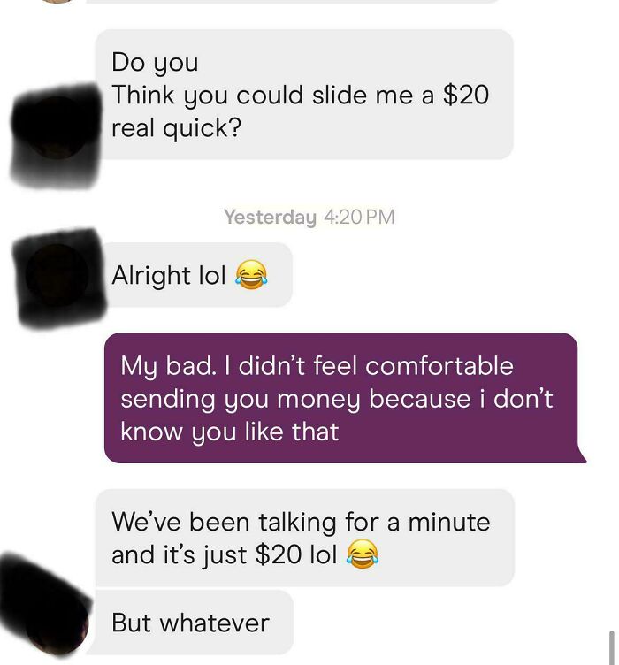 A wild online dating screenshot showing a user asking for twenty dollars and being denied.