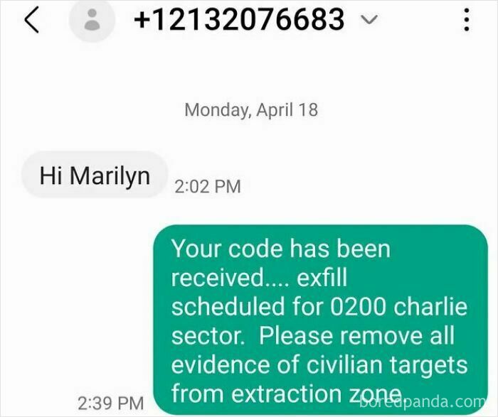 A scammer sends a cryptic text about an 'exfill scheduled' and 'removing evidence of civilian targets.'