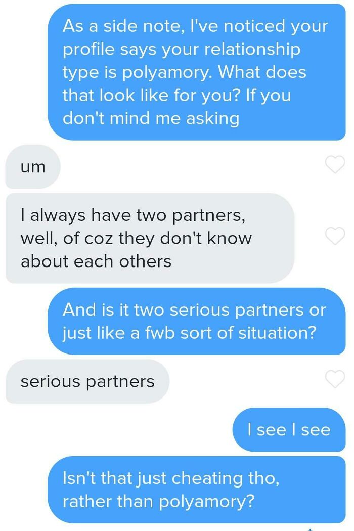 A cringey screenshot of an online dating conversation about polyamory and cheating.