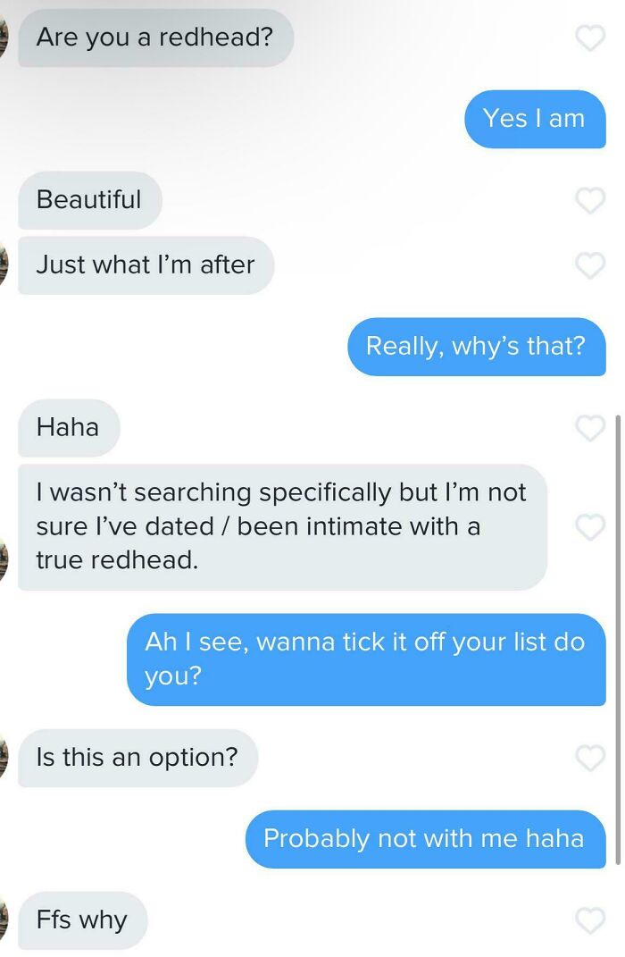 A cringey online dating screenshot with a user asking if being a redhead is an option for their list.