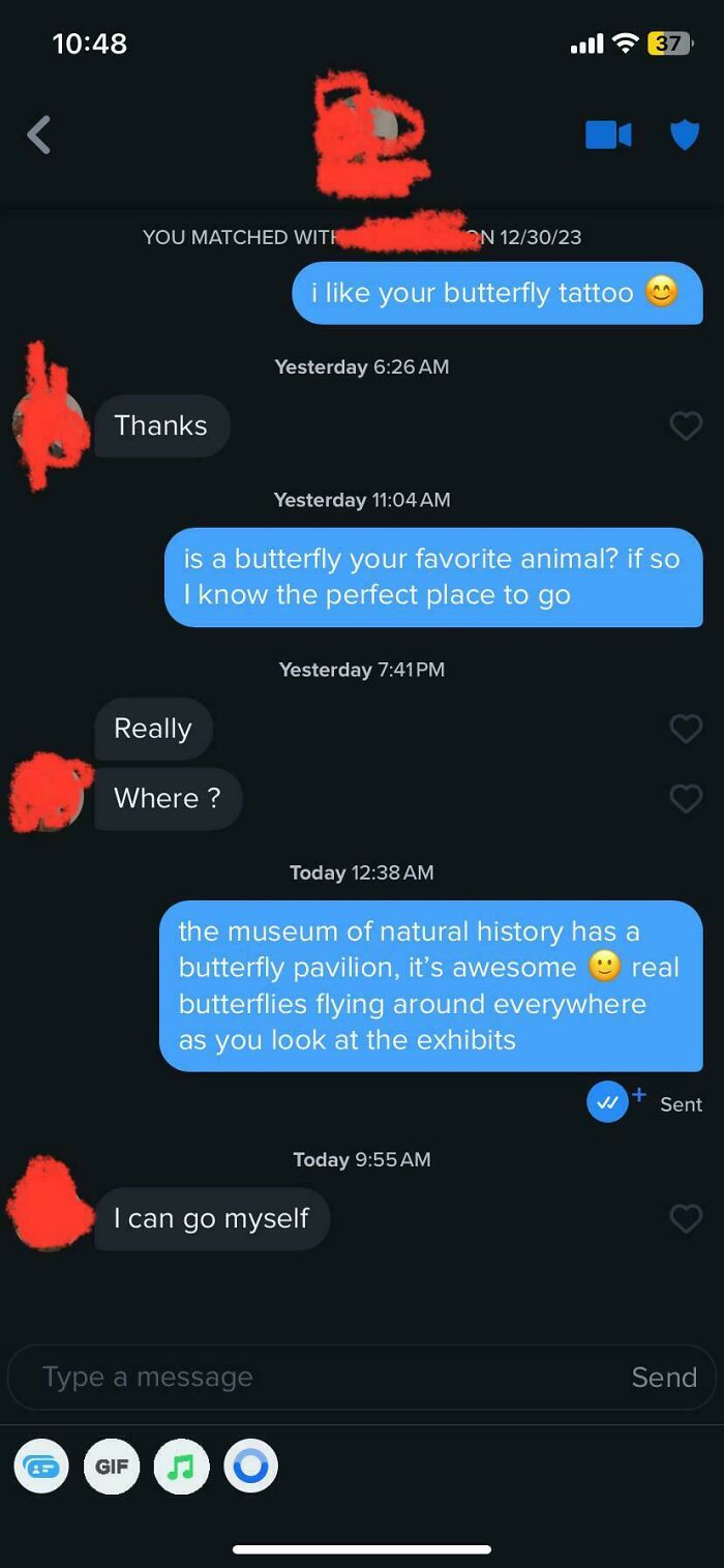 A wild online dating screenshot where a user tries to use a butterfly museum as a pickup line.