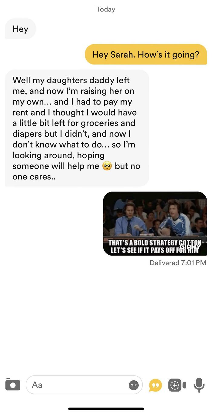 A cringey online dating screenshot with a user asking for financial help and another responding with a meme.