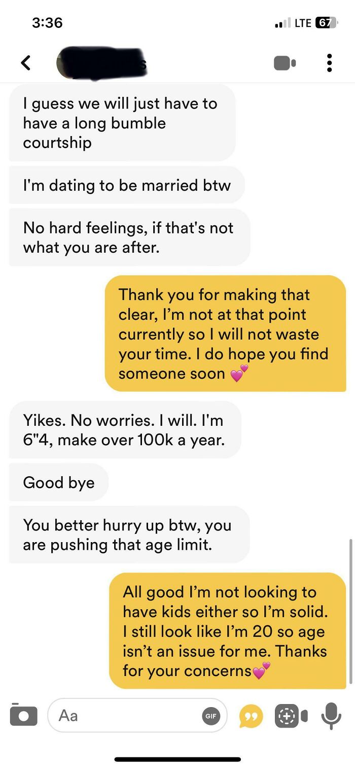A cringey screenshot of an online dating conversation showing a user bragging about their height, income, and age.