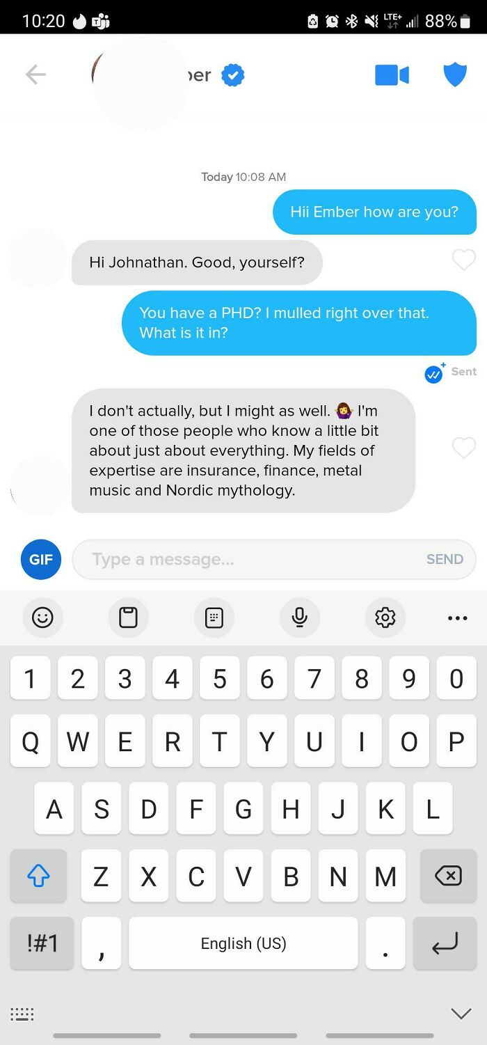 A cringey screenshot of an online dating conversation where a user describes themselves as a jack of all trades.