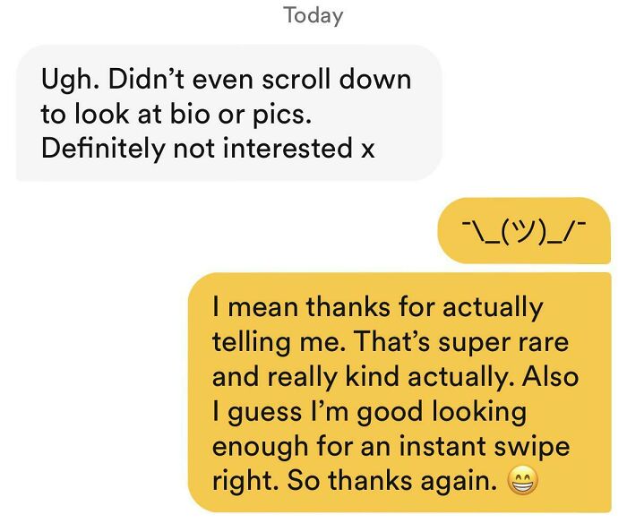 Cringey online dating screenshot shows a user reacting to being told they weren't interesting.