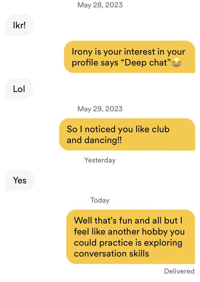 Wild online dating screenshot highlighting an awkward conversation about improving communication skills.