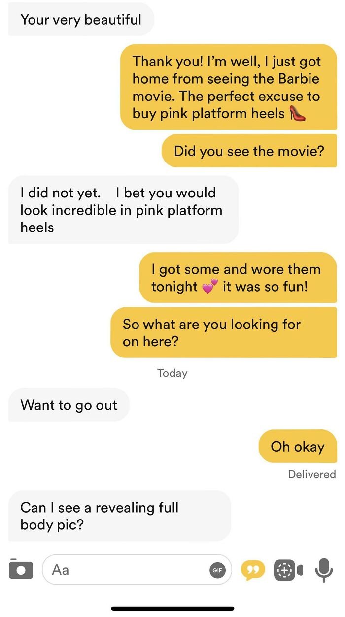 A cringey screenshot of an online dating conversation showing a request for a revealing full body picture.