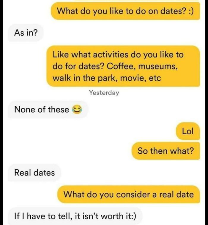 Cringey online dating screenshot displays a humorous exchange about what constitutes a 'real date'.