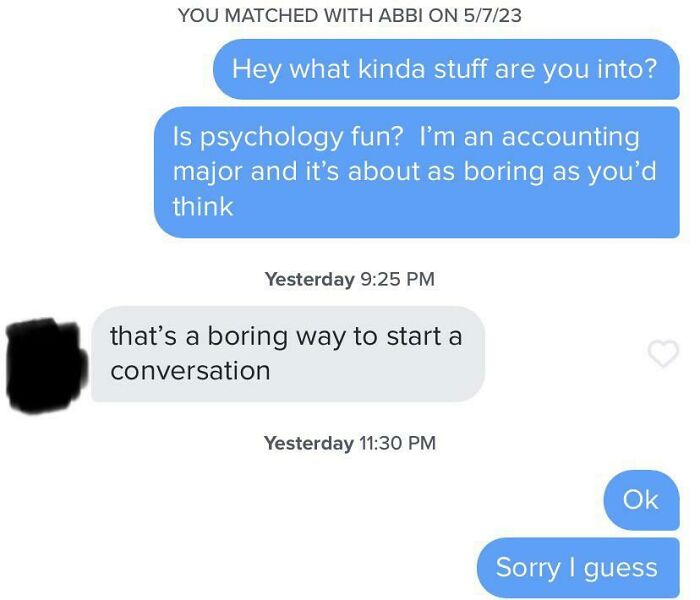 A cringey screenshot of an online dating chat where a conversation starter about interests is deemed boring.