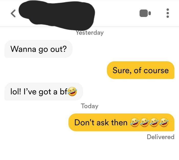 A cringey screenshot from an online dating conversation where a person asks someone out, then says they have a boyfriend.