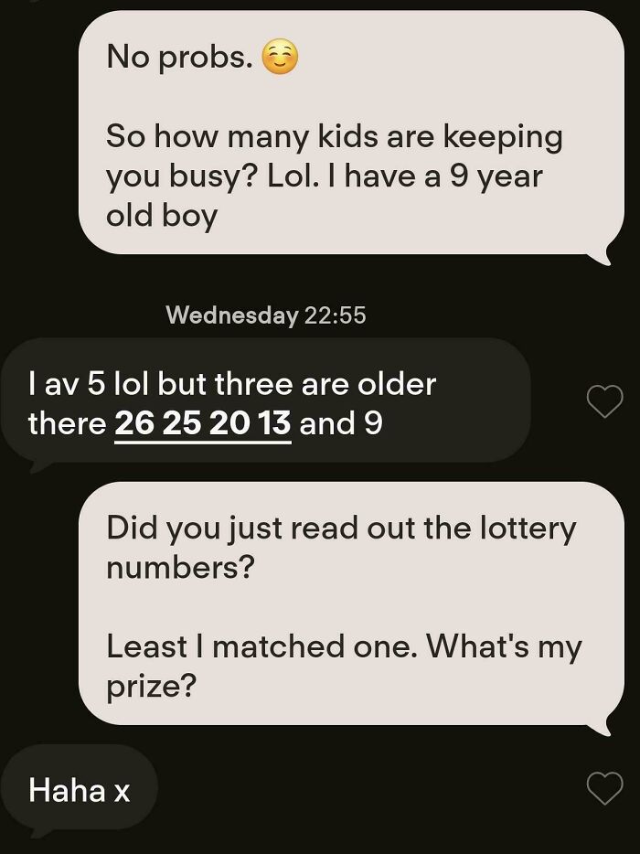 A wild screenshot from an online dating app showing a conversation about the number of kids, comparing ages to lottery numbers.