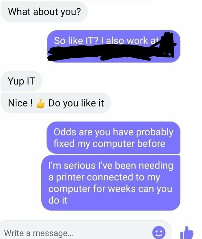 A cringey screenshot of an online dating conversation where someone asks for IT help with their printer.
