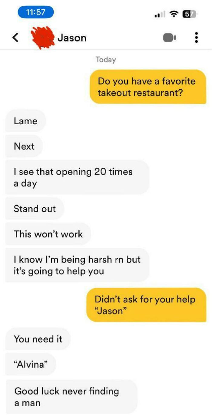 A cringey screenshot of an online dating conversation with a user giving unsolicited, harsh advice.