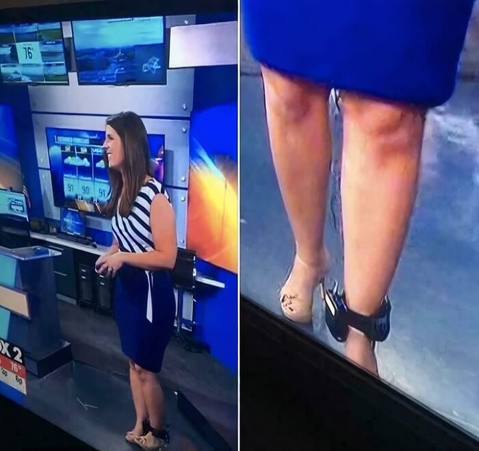 An odd pic of a news anchor on TV wearing an ankle monitor, one of many pics that people cannot explain.