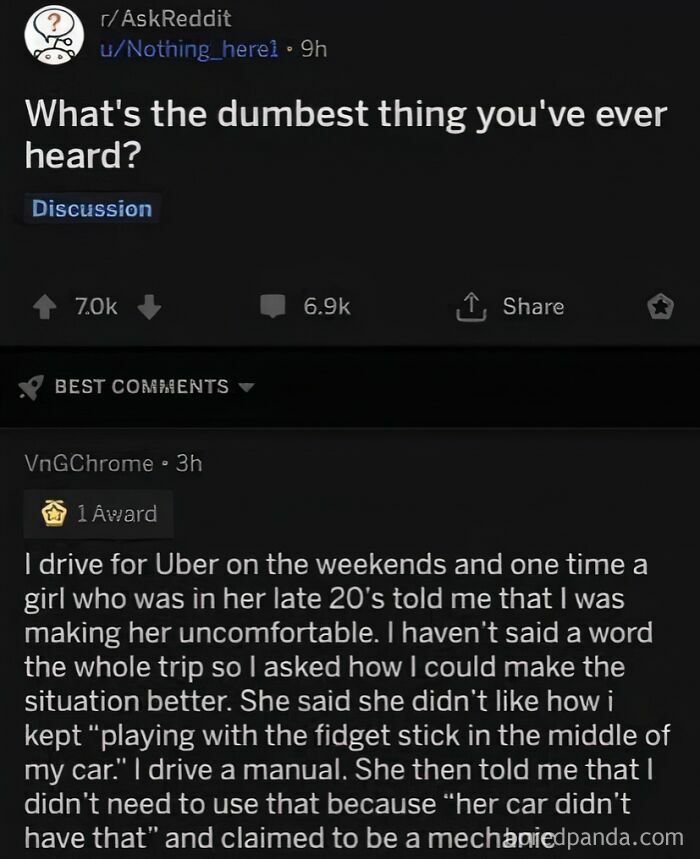 A Reddit post asking about the dumbest thing a person has ever heard, showing a reply about a girl thinking a manual car's gear stick is a fidget stick, showcasing dumb people.