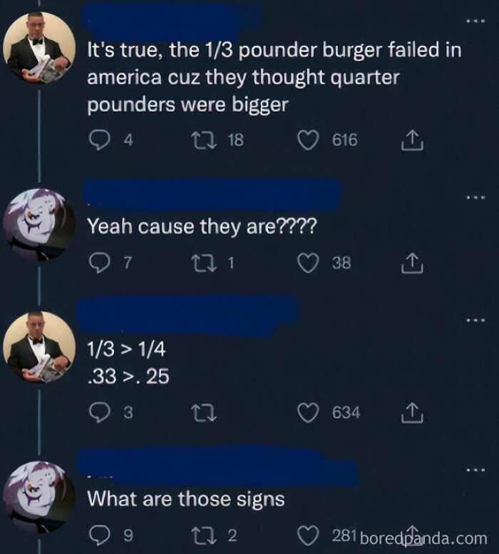 A Twitter conversation where users display low IQ by misunderstanding fractions in burger sizes.