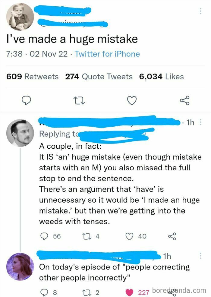 A Twitter conversation shows someone correcting grammar, a common low IQ mistake found on the internet.