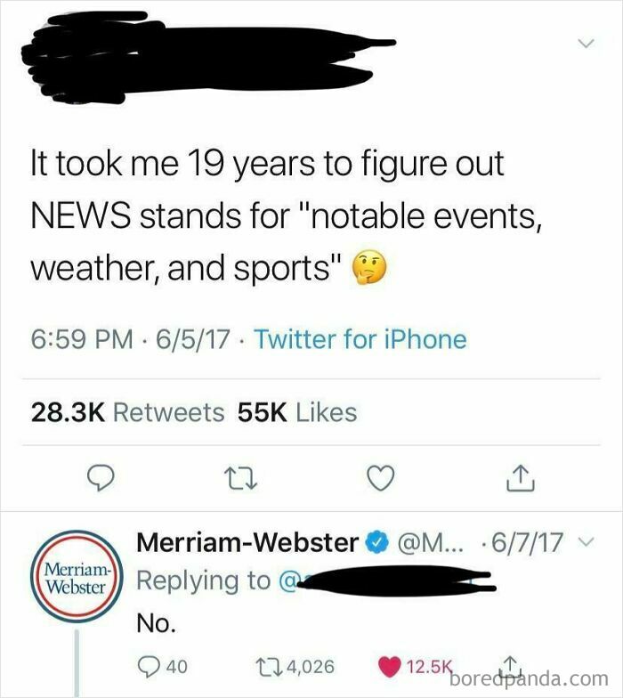 A Twitter post and reply discussing the false acronym for NEWS, featuring people with low IQ.